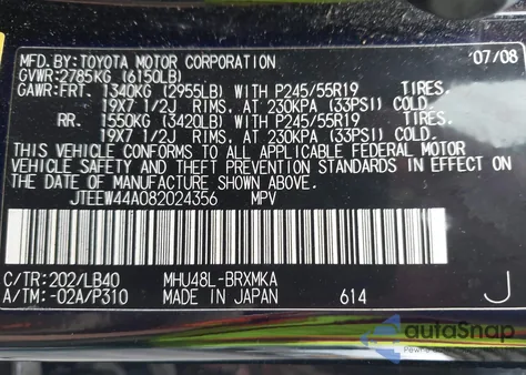 2008 Toyota Highlander Hybrid Limited z USA, uszkodzony, nr VIN JTEEW44A082024356